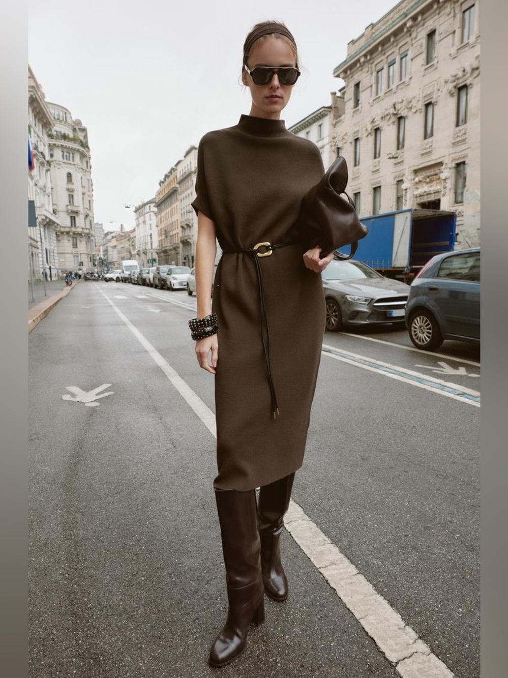 NWT. Zara Mink Knit Loose-Fitting Belted Midi Dress. Size L. - Picture 1 of 11